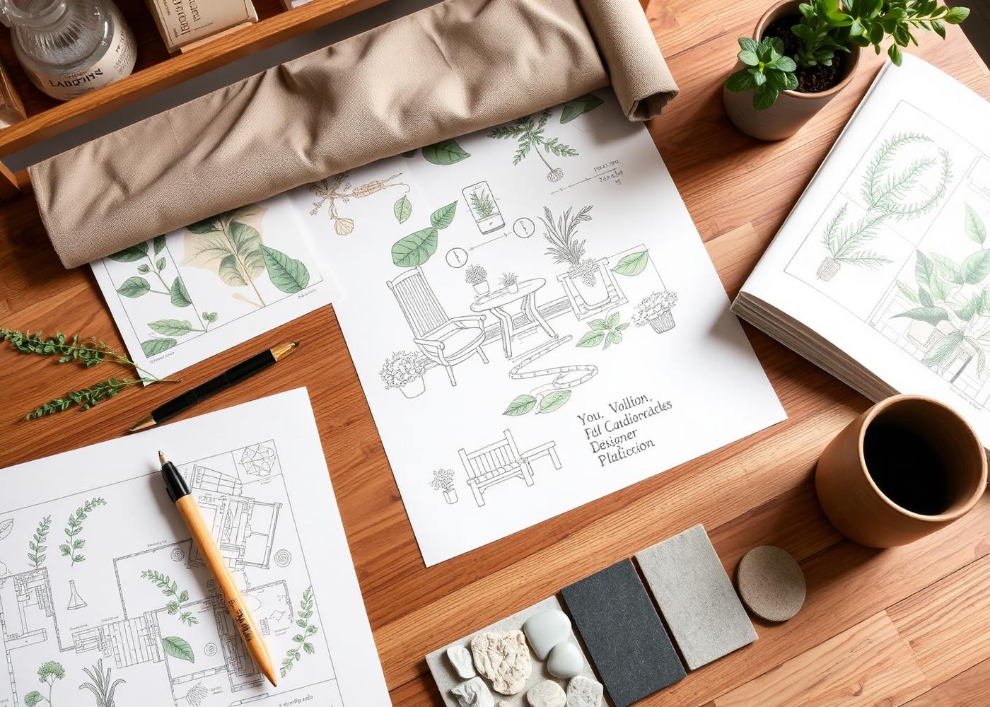 The Thames & Oak studio: landscape design drawings, plant samples and stone references on a workbench