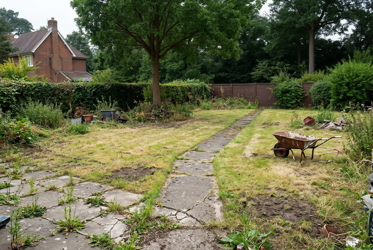 The original rear garden in Richmond Hill — tired lawn and broken concrete path