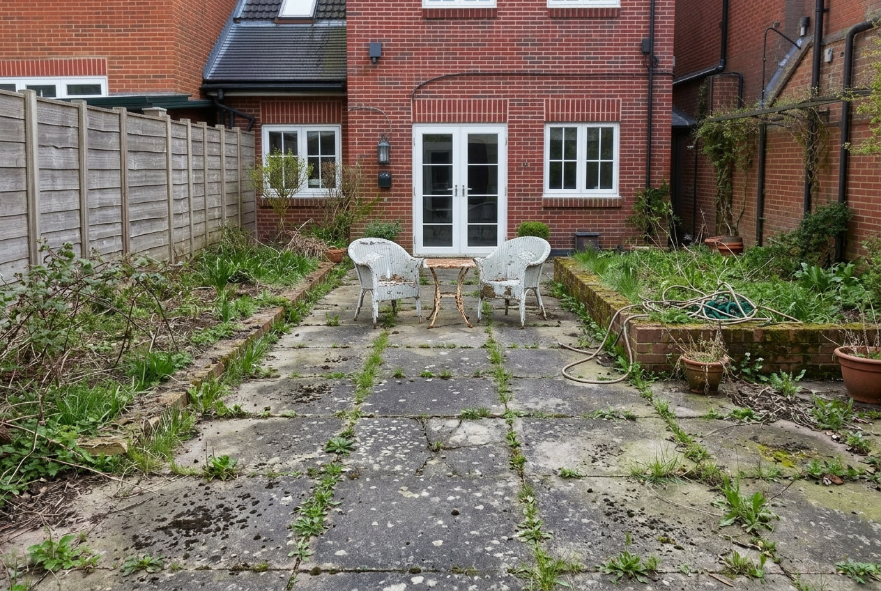 The original cracked concrete patio at the Richmond townhouse before works