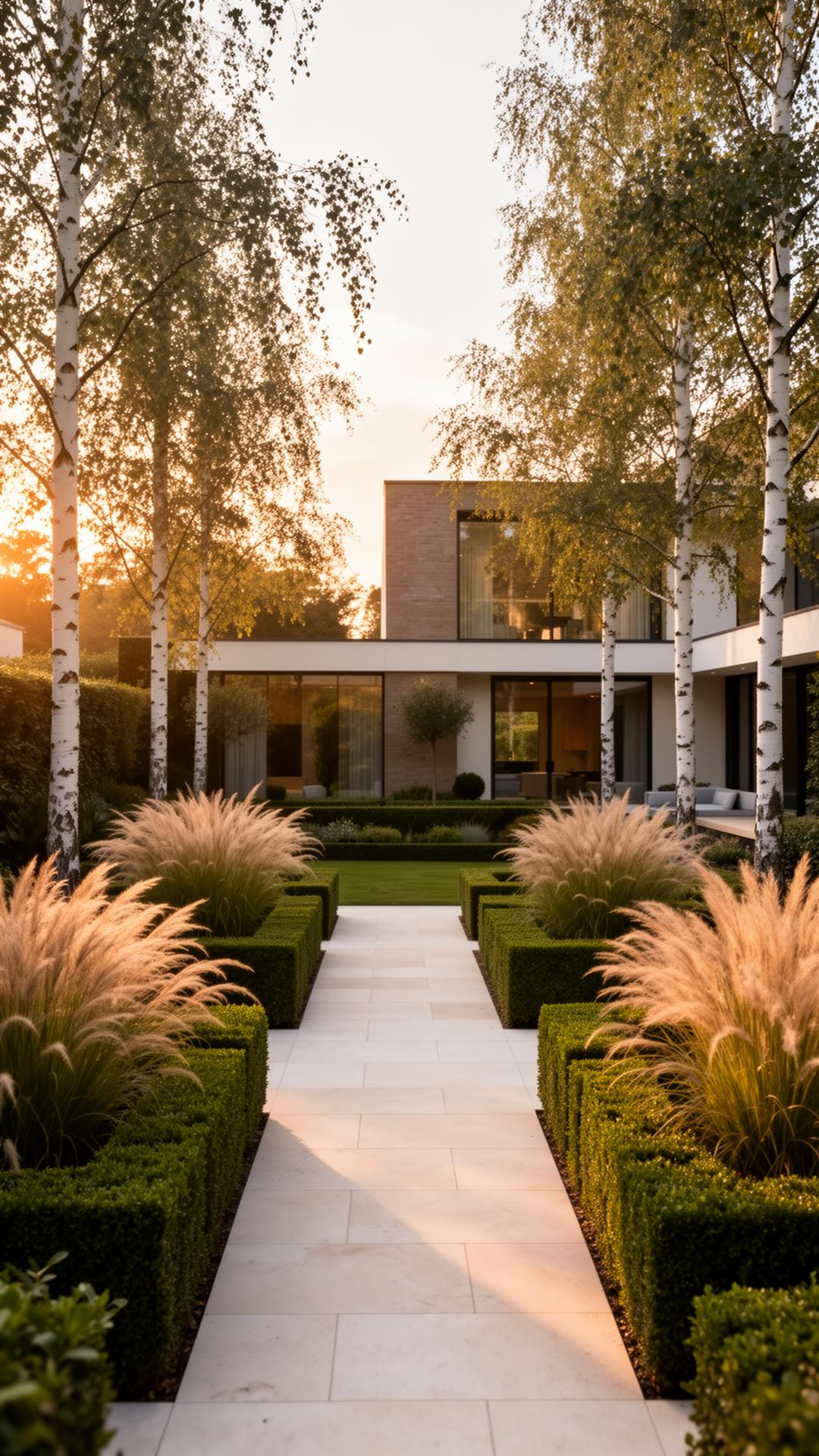 A contemporary landscaped garden in South West London at golden hour, with crisp limestone paving, clipped box hedging and ornamental grasses framing a modern home